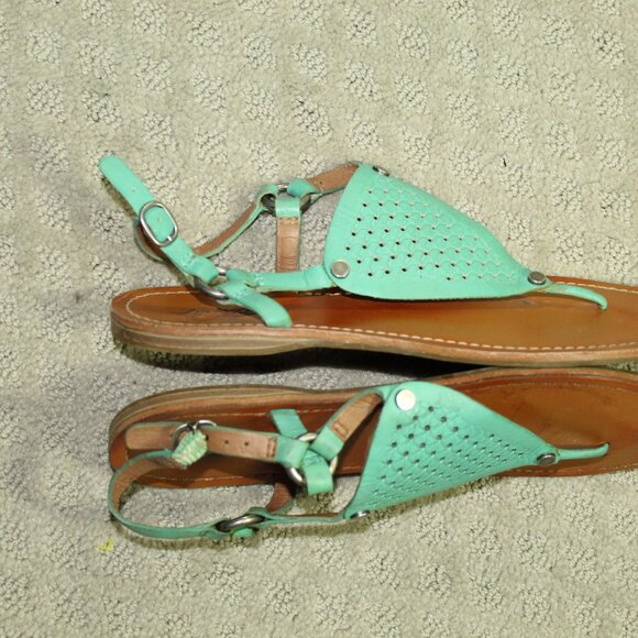 Lucky Brand Abel Size 7.5 Teal Leather T-Strap Flat Slingback Sandals - Picture 4 of 6